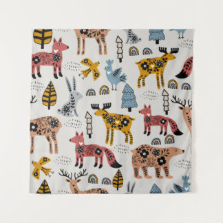 Scandinavische dieren, bloemig, schattig patroon. wandkleed