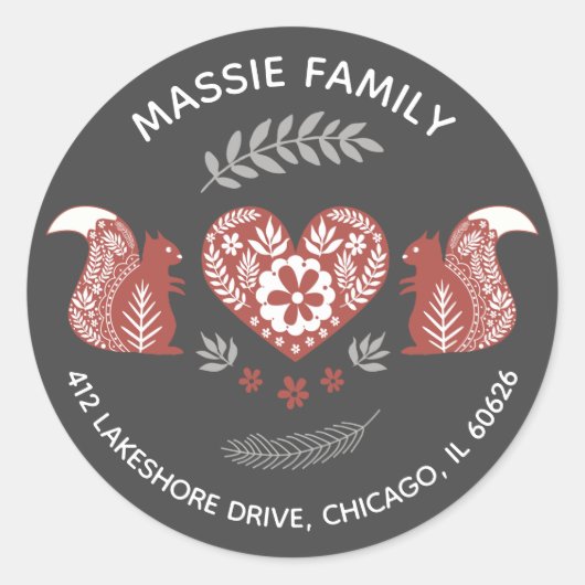Scandinavische eekhoorns met hartadres ronde sticker (Voorkant)