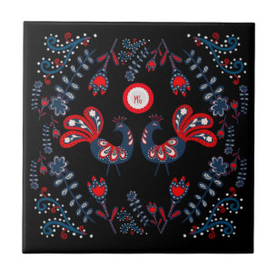 Scandinavische Folk Art Birds Monogramed Tegeltje