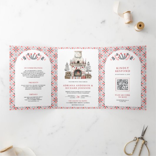 Scandinavische folk kunst open haard bruiloft drieluik uitnodiging (Binnen)