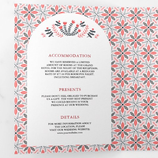 Scandinavische folk kunst open haard bruiloft drieluik uitnodiging (Binnenzijde eerst)