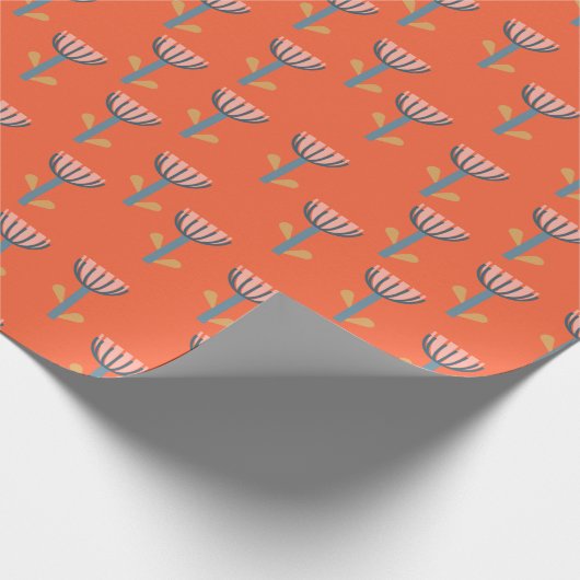 Scandinavische Folk Style Oranje Floral Pattern Cadeaupapier (Hoek)