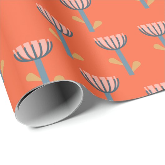 Scandinavische Folk Style Oranje Floral Pattern Cadeaupapier (Rol Hoek)