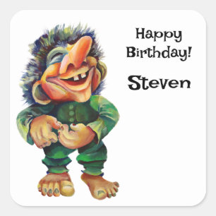 Scandinavische Funny Troll Illustratie Waterverf Vierkante Sticker