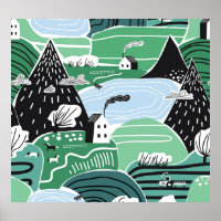 Scandinavische huizen, bomen, bergen illustratie