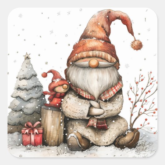 Scandinavische kabouters rood en vriend kerst vierkante sticker (Voorkant)