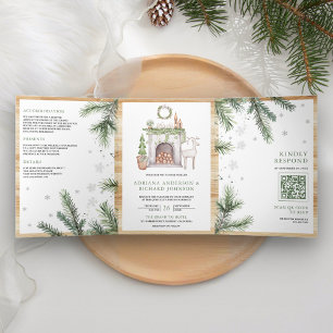 Scandinavische Kerst Alles in Eén QR Code Huwelijk Drieluik Uitnodiging