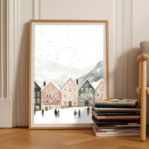 Scandinavische kerstprint Noorwegen Illustratie Poster