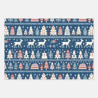 Scandinavische Marine Blauwe Kerst Rendier Nordic Inpakpapier Vel