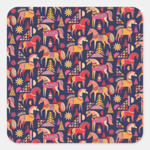 Scandinavische paarden: decoratief naadloos ontwer vierkante sticker