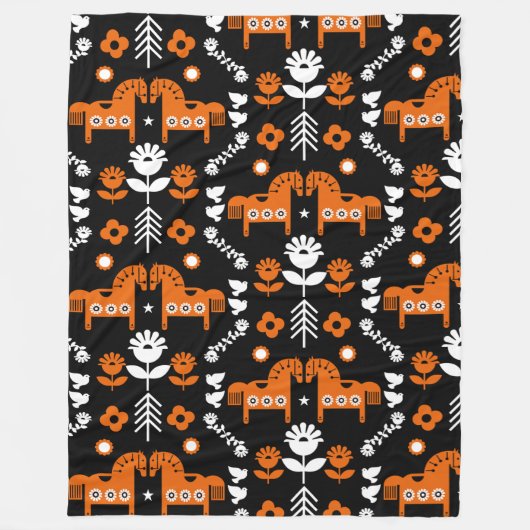 Scandinavische Paardenvolkskunst Fleece Deken (Voorkant)