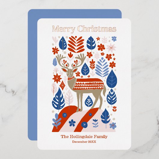 Scandinavische rendieren Vrolijk Kerstfeest Roos G Folie Feestdagenkaart (Voorkant / Achterkant)