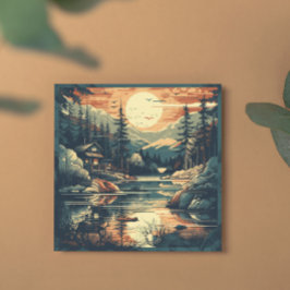 Scandinavische Retro Art berg huis Feestdagenkaart