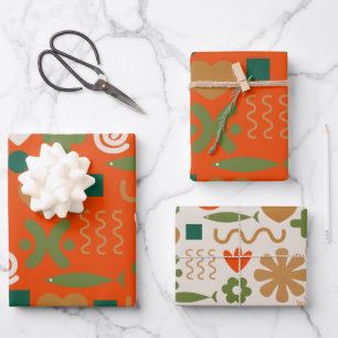 Scandinavische Retro-kerstpatronen rood-Oranje Inpakpapier Vel