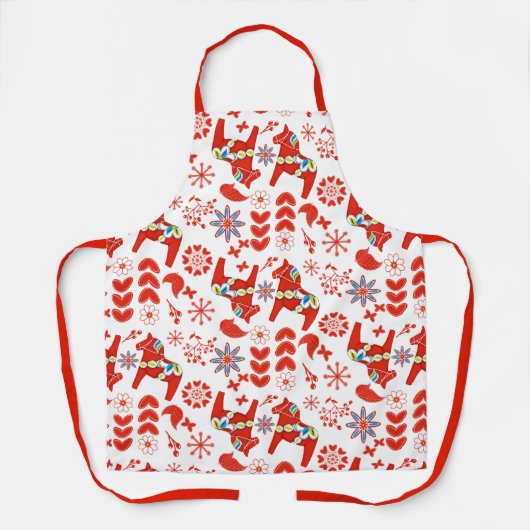 Scandinavische Rode Bloemen Dala Paard Patroon Wit Schort (Voorkant)