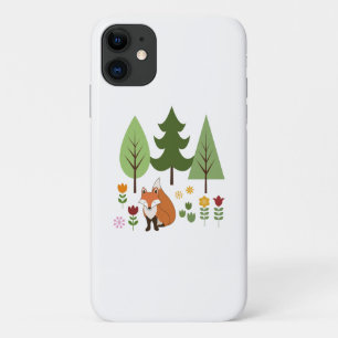 Scandinavische Style Fox Flowers Trees Illustratie iPhone 11 Hoesje