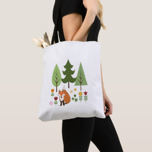 Scandinavische Style Fox Flowers Trees Illustratie Draagtas