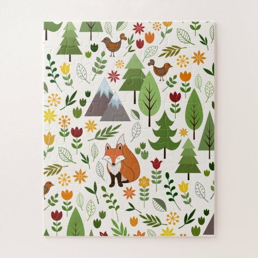 Scandinavische Style Fox Flowers Trees Illustratie Legpuzzel (Verticaal)
