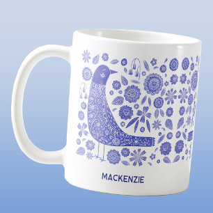 Scandinavische vogel gepersonaliseerde naam blauw koffiemok