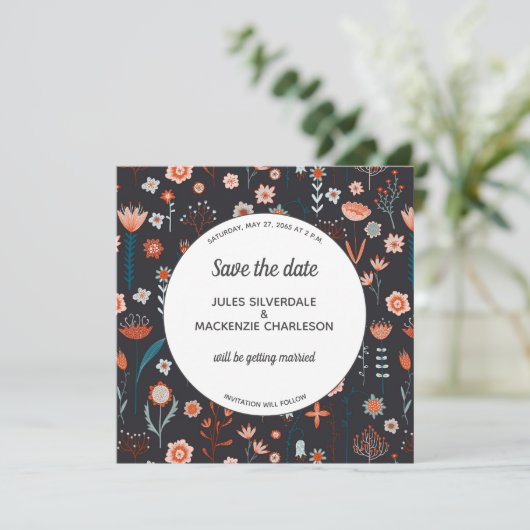 Scandinavische zomerbloemen donker sparen datum kaart (Staand voorkant)