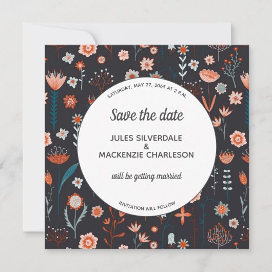 Scandinavische zomerbloemen donker sparen datum kaart (Voorkant)