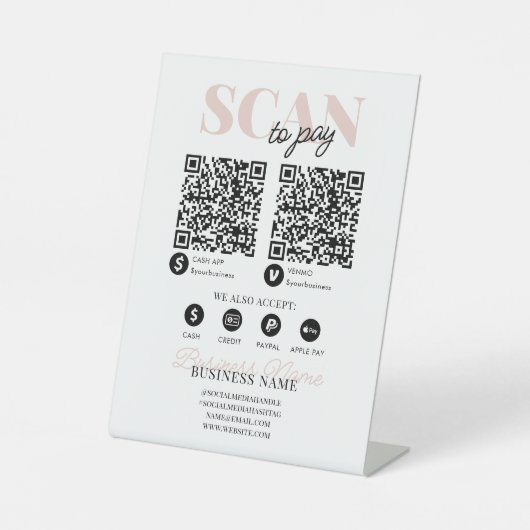 Scannen naar betalen QR Code Modern Roze Script Bu Reclamebord Met Voetstuk (Voorkant)