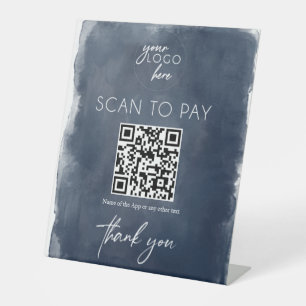 Scannen om elegant blauw zakelijk teken te betalen reclamebord met voetstuk