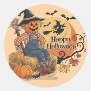 Scarecrow Pompoen Halloween Rustieke Vibes Art Ronde Sticker
