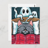 Scared of Ghosts Tabby Cat in Bed Illustration Briefkaart (Voorkant / Achterkant)