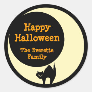 Scaredly kat in gele maan blij halloween gunst ronde sticker