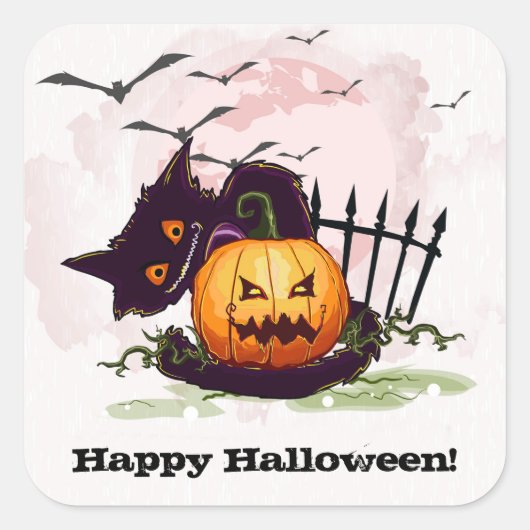 Scaredy Black Cat Happy Halloween Vierkante Sticker (Voorkant)