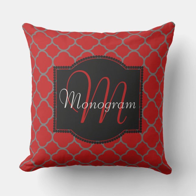 Scarlet en Grijze Quatrefoil Design met Monogram Buitenkussen (Voorkant)