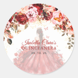 Scarlet Enchanted Floral Gold Princess Quinceanera Ronde Sticker