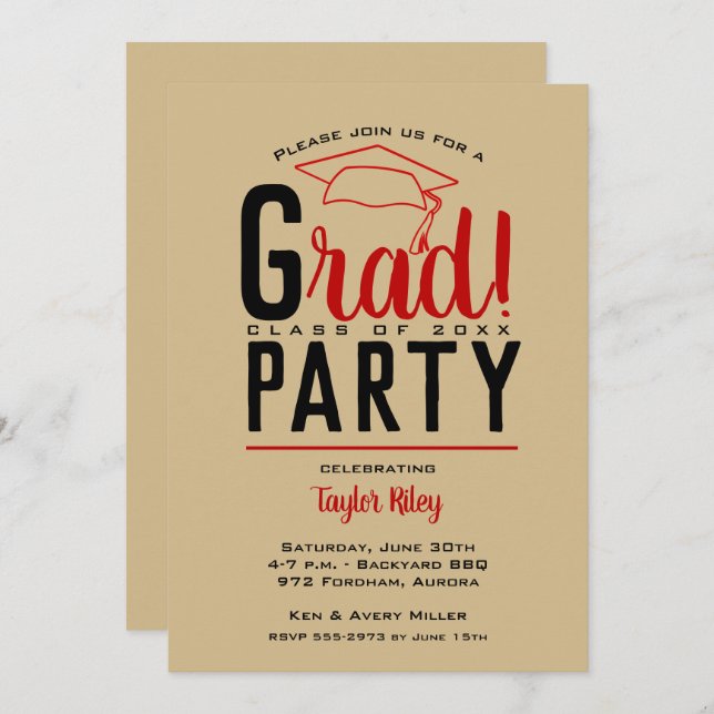 Scarlet Gold Black Graduation Party Invitations (Devant / Derrière)