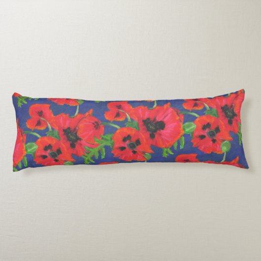 Scarlet Oriental Poppies Pattern on Blue Lichaamskussen (Achterkant)