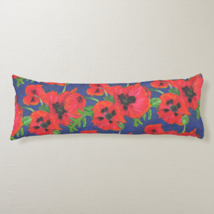 Scarlet Oriental Poppies Pattern on Blue Lichaamskussen