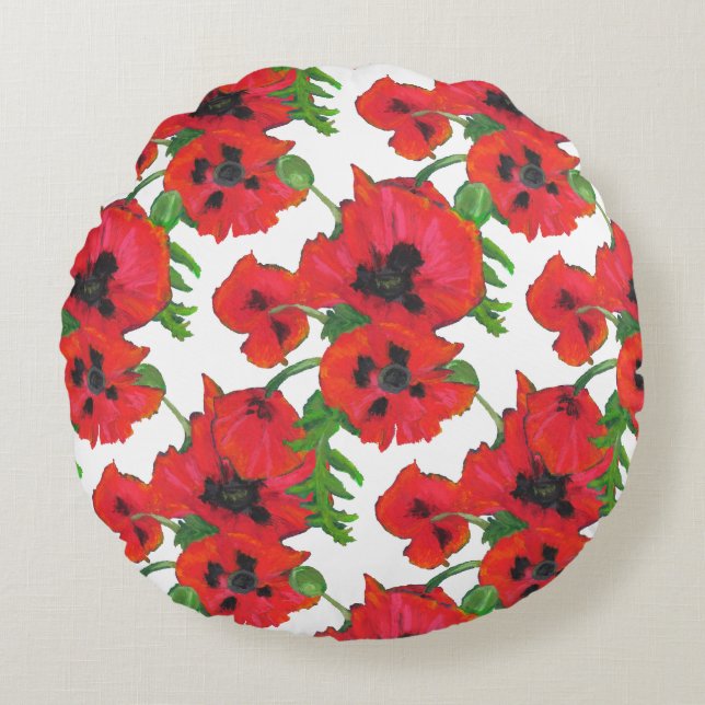 Scarlet Oriental Poppies Pattern on White Rond Kussen (Voorkant)