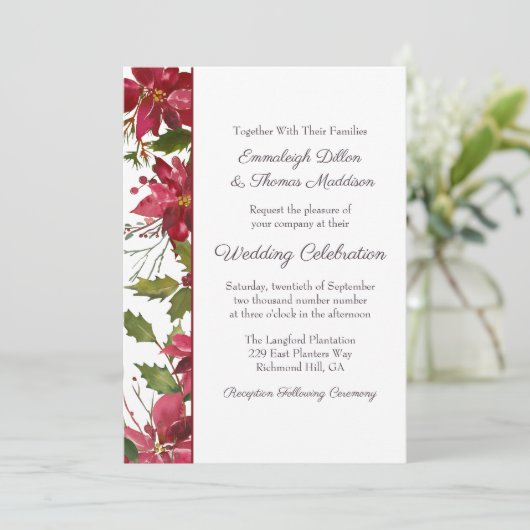 Scarlet Red Poinsettia Bloemenbruiloft Kaart (Staand voorkant)
