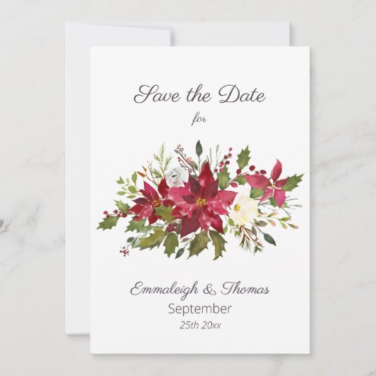 Scarlet Red Poinsettia Florals Save the Date (Voorkant)