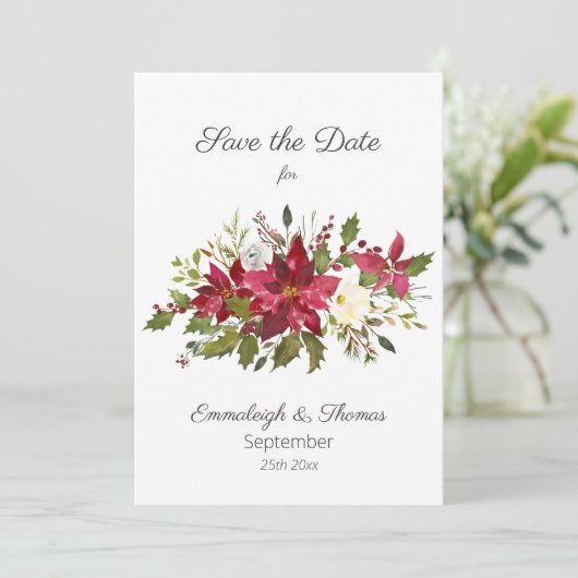 Scarlet Red Poinsettia Florals Save the Date (Staand voorkant)