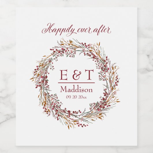 Scarlet Rode Poinsettia Berry Wreath Bruiloft Wijn Etiket (Enkel label)