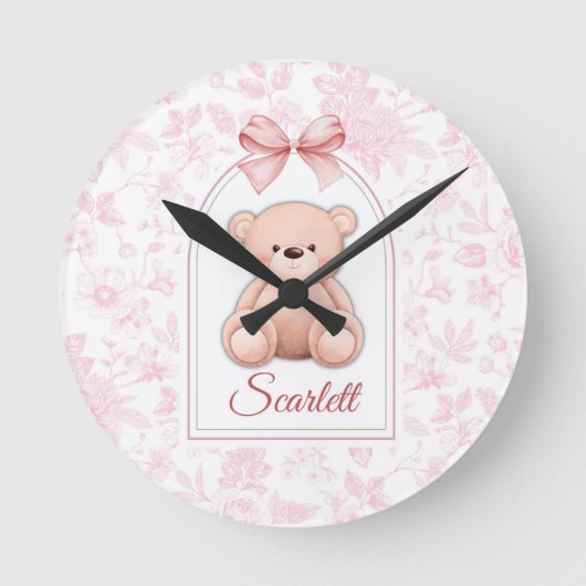 Scarlett | Aangepaste Roze Teddybeer Nursery Desig Ronde Klok (Voorkant)