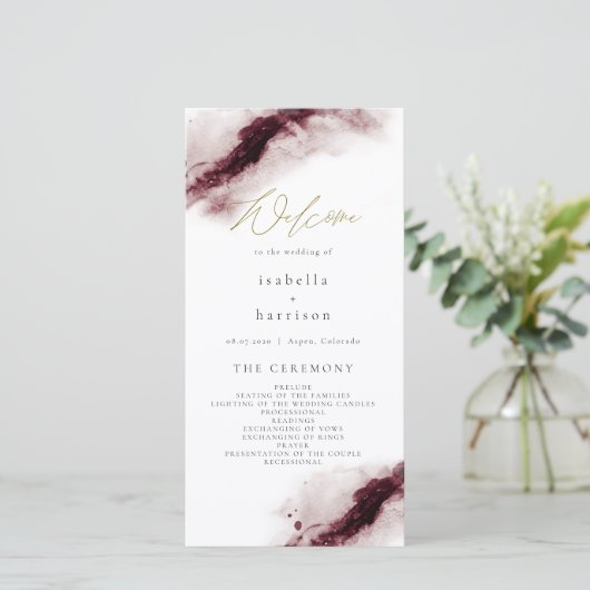 SCARLETT | Bourgondië Maroon Aquarel Goud Programm Bedankkaart (Staand voorkant)