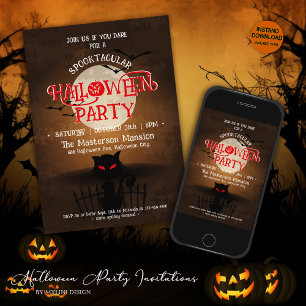 Scarry Black Cat, Bats & Full Moon Halloween Party Kaart