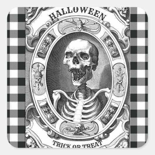Scary Black and White Skull Skeleton Halloween Vierkante Sticker (Voorkant)