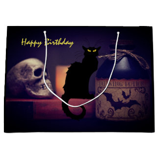 Scary Black Cat and Skull Happy Birthday Halloween Groot Cadeauzakje