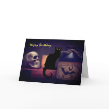 Scary Black Cat and Skull Happy Birthday Halloween