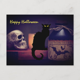Scary Black Cat and Skull Happy Halloween Briefkaart
