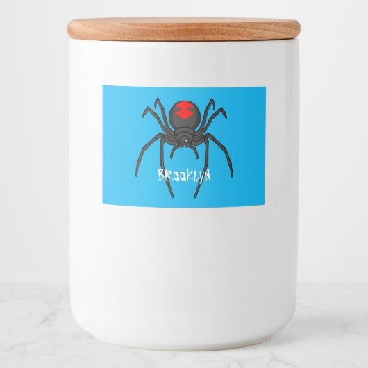 Scary black widow spin cartoon illustratie voedselcontainer etiket (Voorkant)
