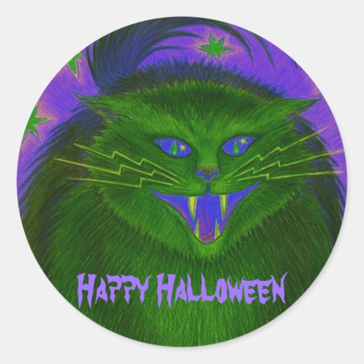 Scary Cat Green 'Happy Halloween' sticker (Voorkant)